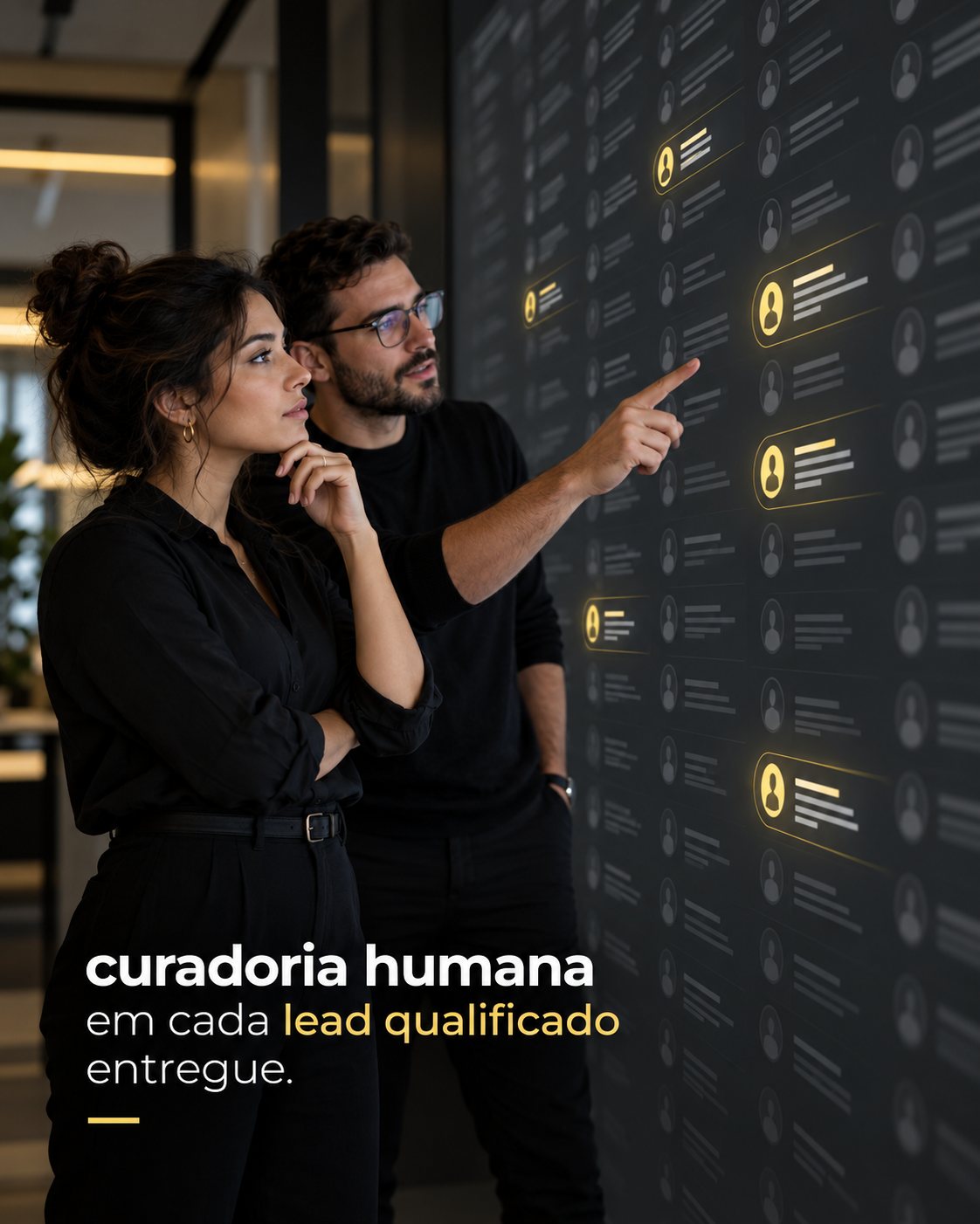 Duas pessoas em um escritório analisando uma parede escura com centenas de perfis, dos quais poucos aparecem destacados em amarelo. Sobre a imagem, a frase: curadoria humana em cada lead qualificado entregue.