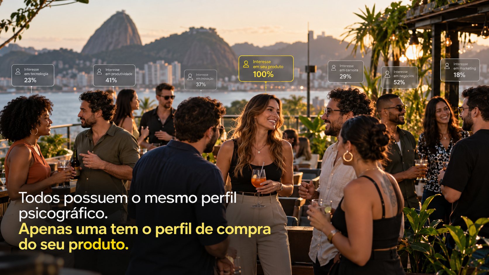 Profissionais reunidos ao entardecer no Rio de Janeiro