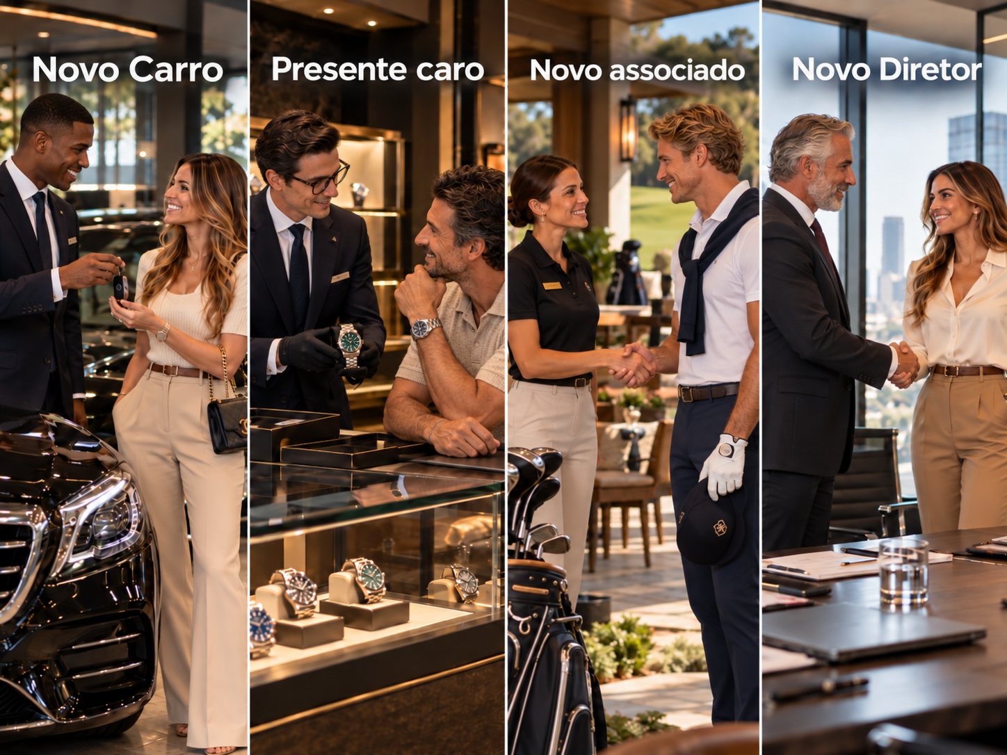 Quatro cenas de mudança de vida: a entrega de um carro novo, a compra de um presente caro, a entrada em um clube e a promoção a diretor.